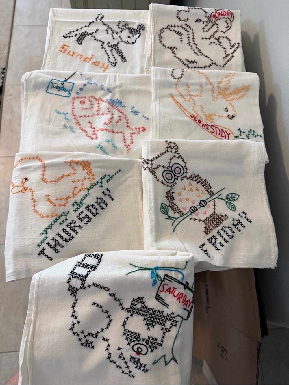 Set of 7 Embroidered Cotton Flour Sack Dish Towels Days of the Week Vintage